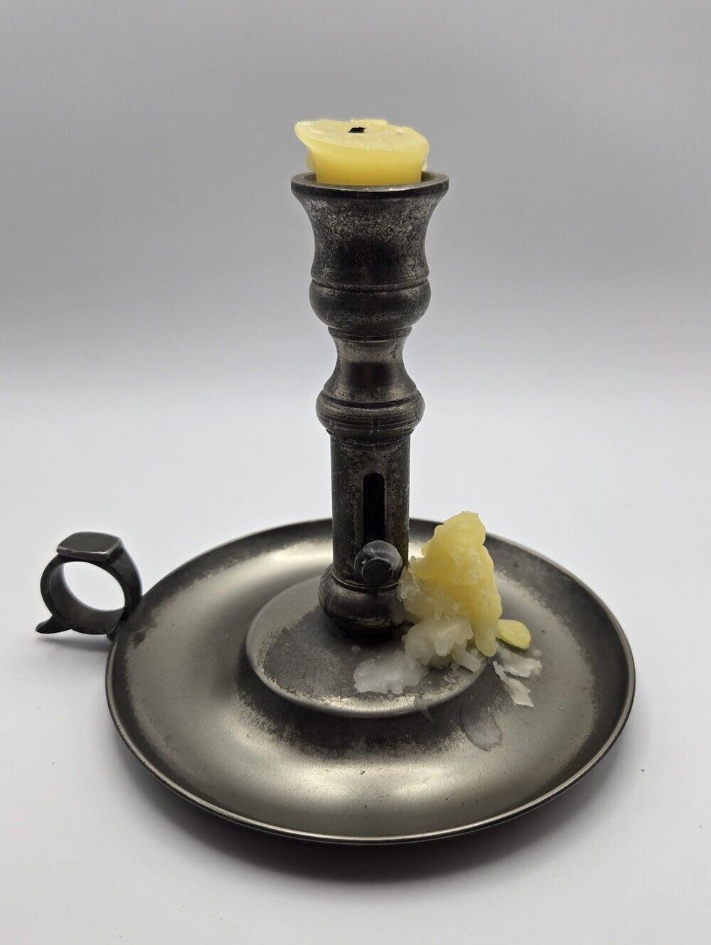 French Pewter Chamberstick Holder, Finger Loop Handle Gothic Romantic